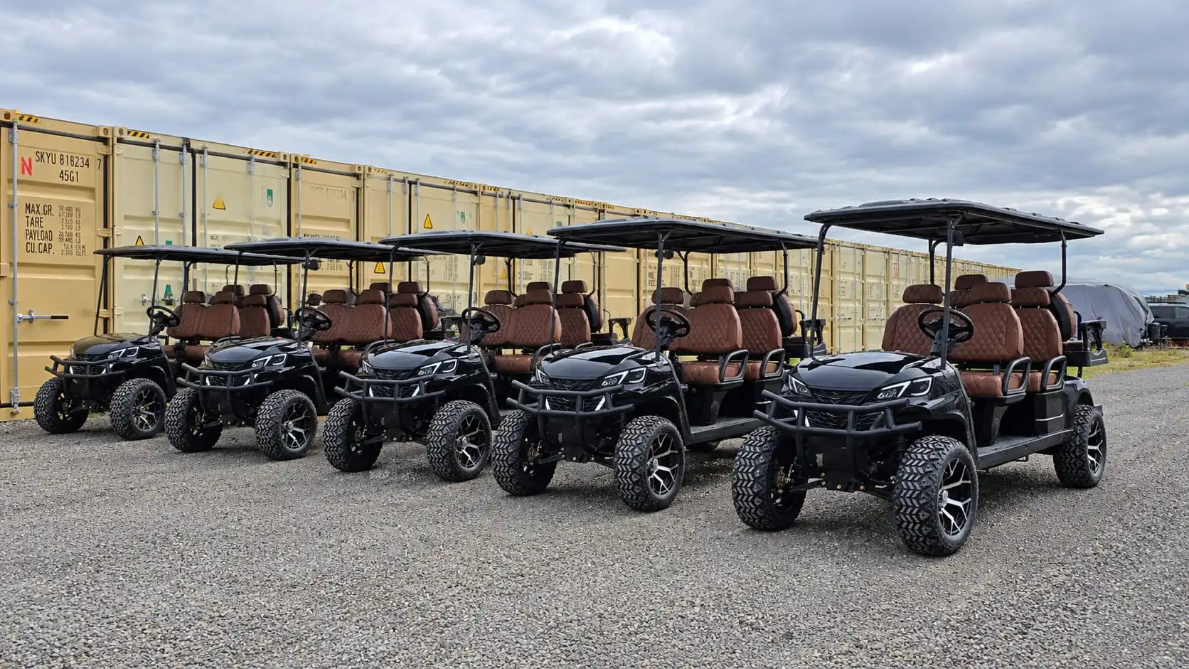 Fleet of black 6-seater luxury electric golf carts with brown leather seats available for rent in Ottawa